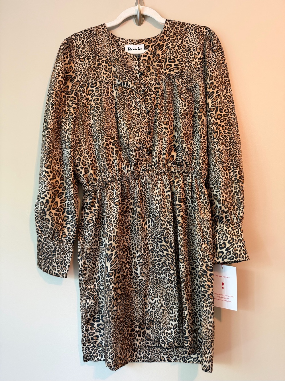 Rouje Paris Leopard Print Long Sleeve Mini Dress w/ Sash Sz FR 40/US 8 NWT